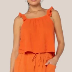 Ruffle Strap Textured Sleeveless Top - Orange