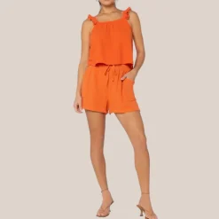 Ruffle Strap Textured Sleeveless Top - Orange