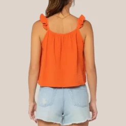 Ruffle Strap Textured Sleeveless Top - Orange