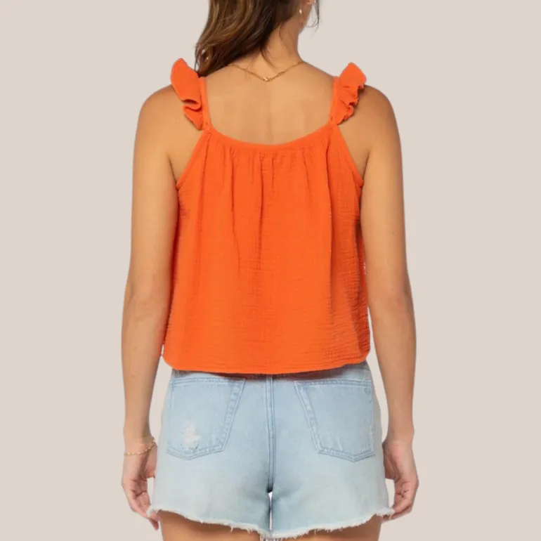 Ruffle Strap Textured Sleeveless Top - Orange