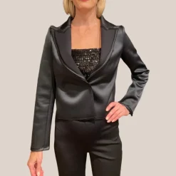 Stretch Jersey Snap Button Crop Blazer - Black