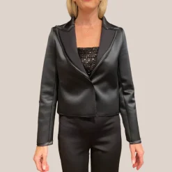 Stretch Jersey Snap Button Crop Blazer - Black