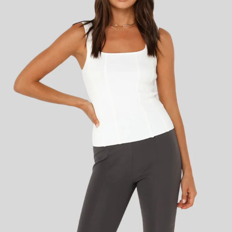 Stretch Knit Square Neck Tank Top - White
