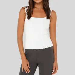 Stretch Knit Square Neck Tank Top - White