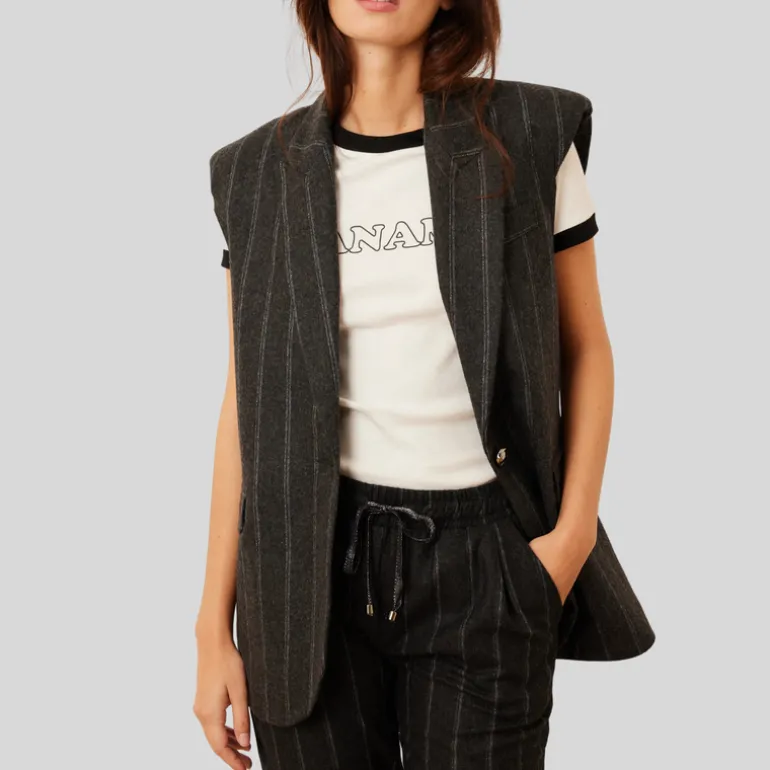 Stripe Peak Lapel Sleeveless Blazer - Grey