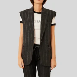 Stripe Peak Lapel Sleeveless Blazer - Grey