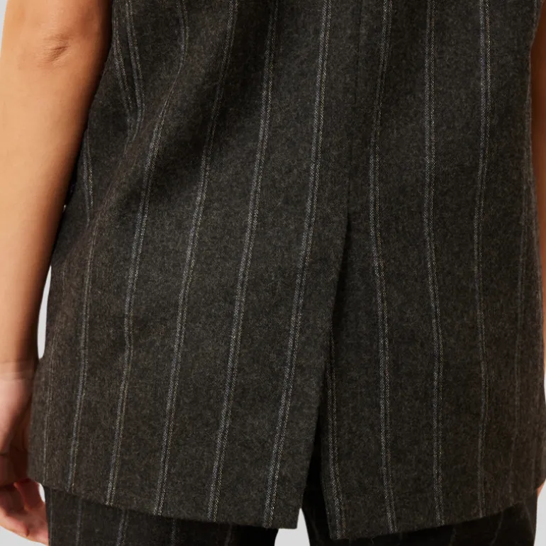 Stripe Peak Lapel Sleeveless Blazer - Grey