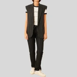 Stripe Peak Lapel Sleeveless Blazer - Grey