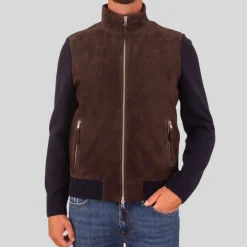 Suede / Knit Hybrid Double Zip Jacket - Brown/Navy