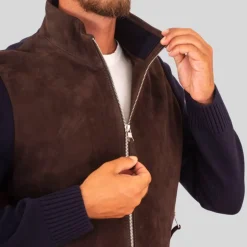 Suede / Knit Hybrid Double Zip Jacket - Brown/Navy