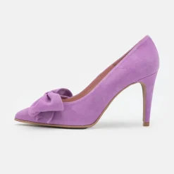 Suede High Heel Pump with Bow - Purple