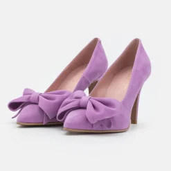 Suede High Heel Pump with Bow - Purple