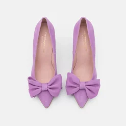 Suede High Heel Pump with Bow - Purple