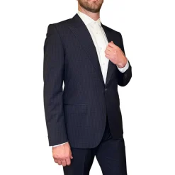 Tattersall Check Peak Lapel Suit - Navy