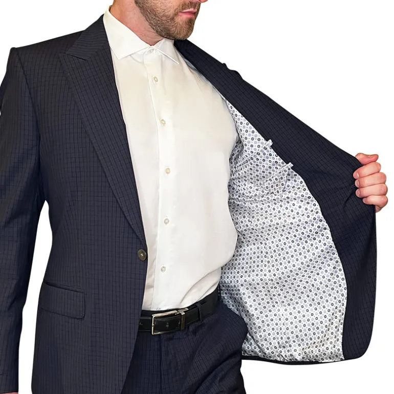 Tattersall Check Peak Lapel Suit - Navy