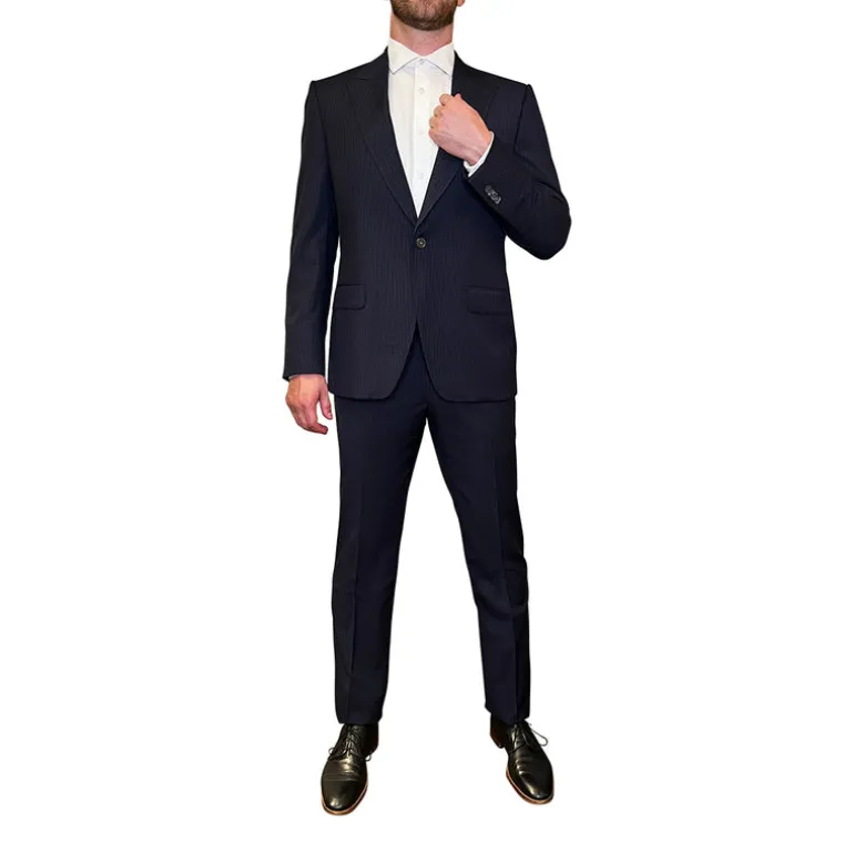 Tattersall Check Peak Lapel Suit - Navy