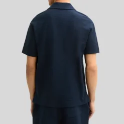 Textured Cuban Collar Cotton Shirt - Navy