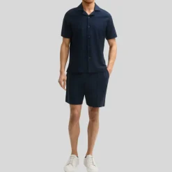 Textured Cuban Collar Cotton Shirt - Navy