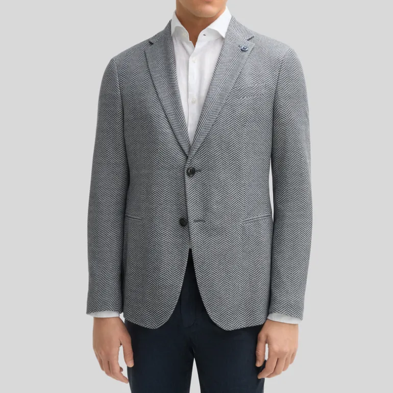 Textured Herringbone Piped Pockets Blazer - Navy/White
