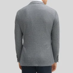 Textured Herringbone Piped Pockets Blazer - Navy/White