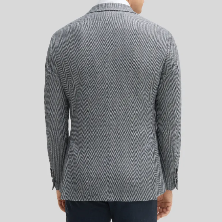 Textured Herringbone Piped Pockets Blazer - Navy/White