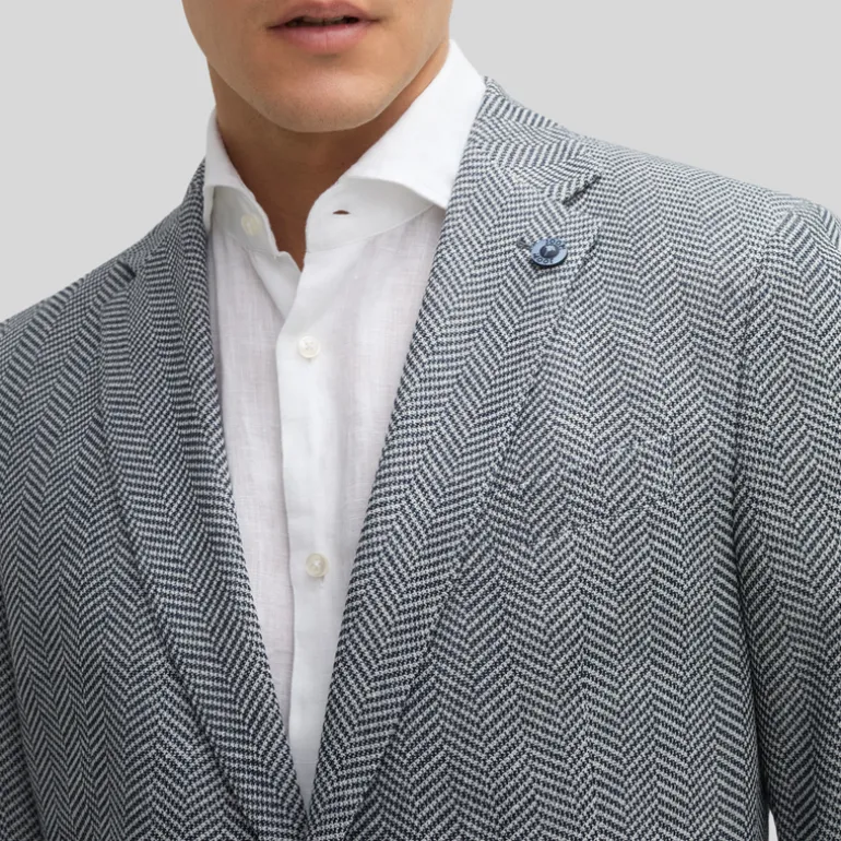 Textured Herringbone Piped Pockets Blazer - Navy/White
