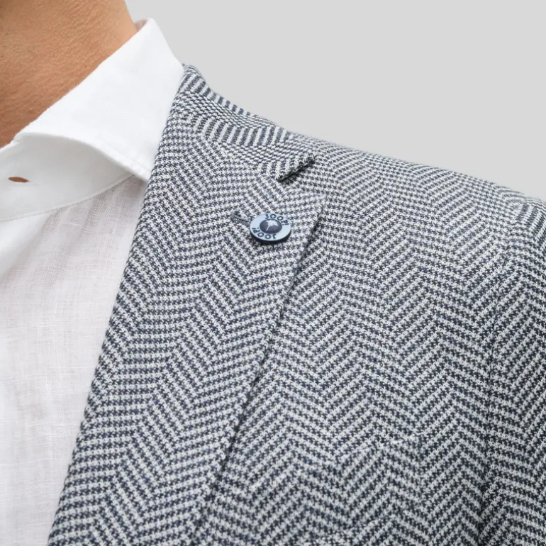 Textured Herringbone Piped Pockets Blazer - Navy/White