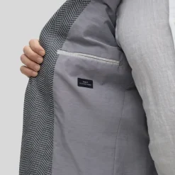 Textured Herringbone Piped Pockets Blazer - Navy/White