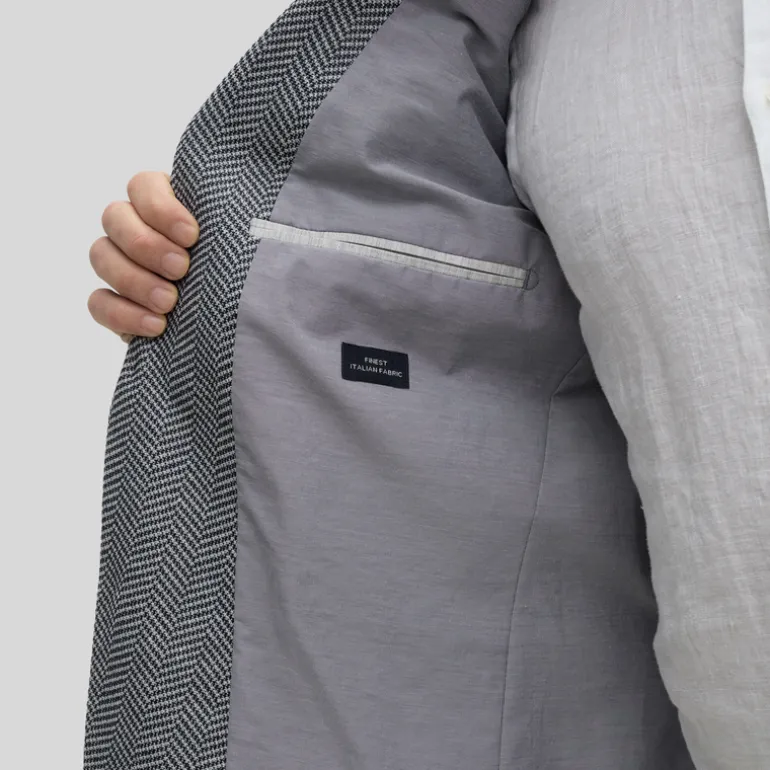 Textured Herringbone Piped Pockets Blazer - Navy/White
