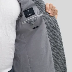 Textured Herringbone Piped Pockets Blazer - Navy/White
