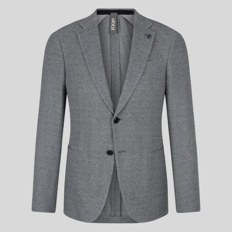 Textured Herringbone Piped Pockets Blazer - Navy/White