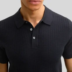 Textured Knit Cotton Polo - Dark Blue