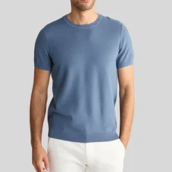 Textured Knit Crew Ribbed T-Shirt - Blue