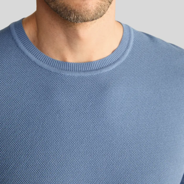 Textured Knit Crew Ribbed T-Shirt - Blue