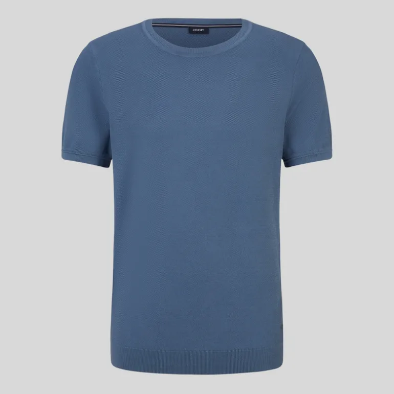 Textured Knit Crew Ribbed T-Shirt - Blue