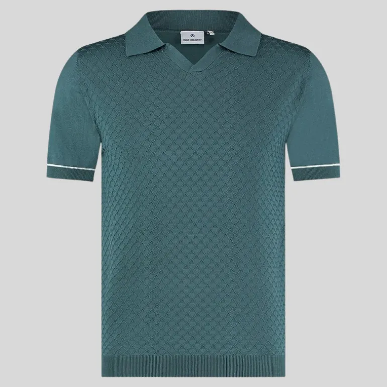 Textured Knit Open Collar Polo - Ocean