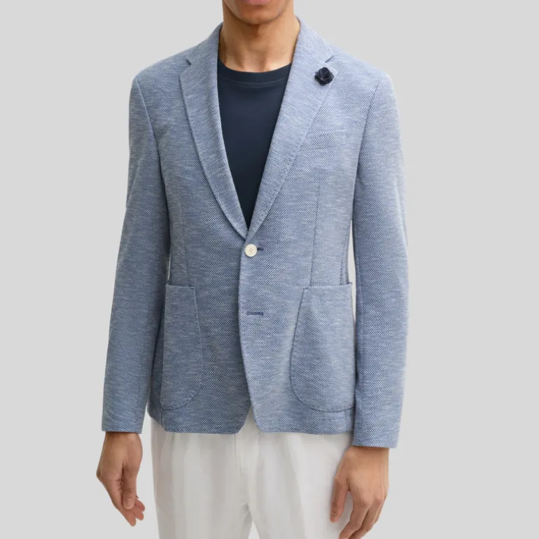 Textured Patch Pocket Cotton Blend Blazer - Blue