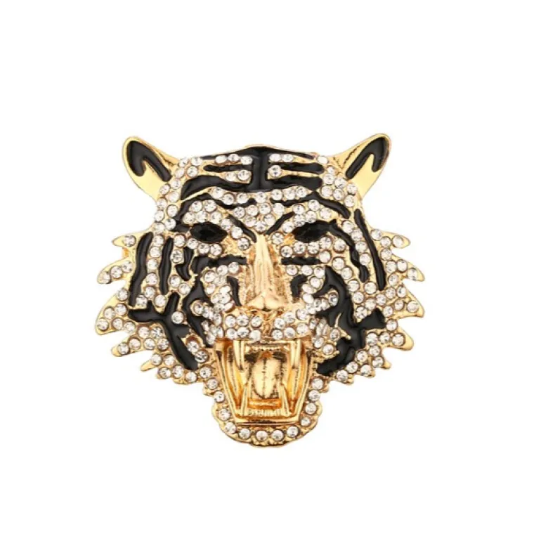 Tiger Face Rhinestone Brooch Pin - Gold
