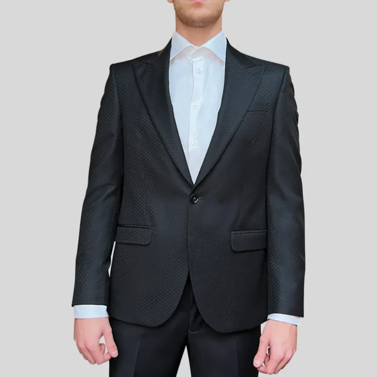 Tonal Pattern Peak Lapel Blazer - Black