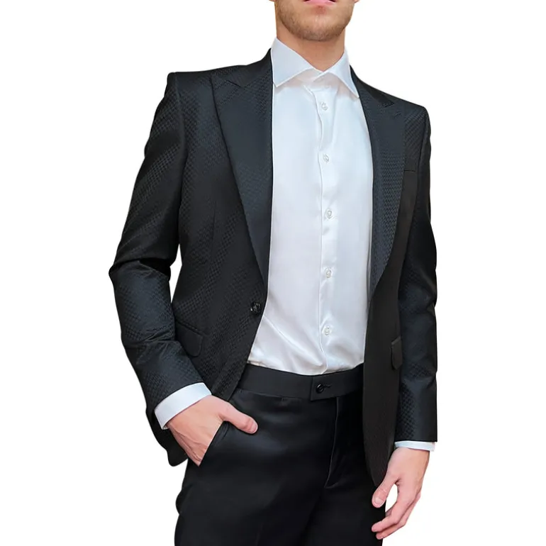 Tonal Pattern Peak Lapel Blazer - Black