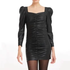 Vegan Leather Ruched Mini Dress - Black
