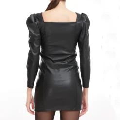 Vegan Leather Ruched Mini Dress - Black