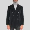 Velvet Peak Lapel Double Breasted Blazer - Dark Navy