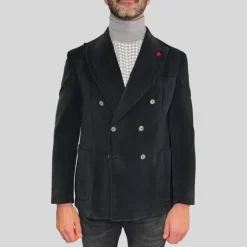 Velvet Peak Lapel Double Breasted Blazer - Dark Navy