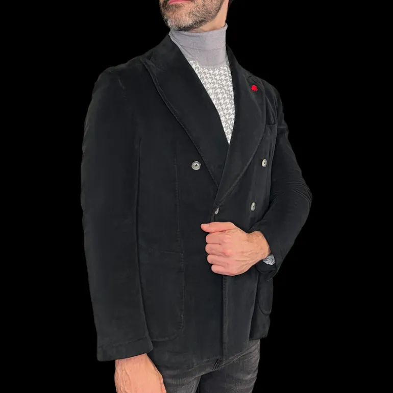 Velvet Peak Lapel Double Breasted Blazer - Dark Navy