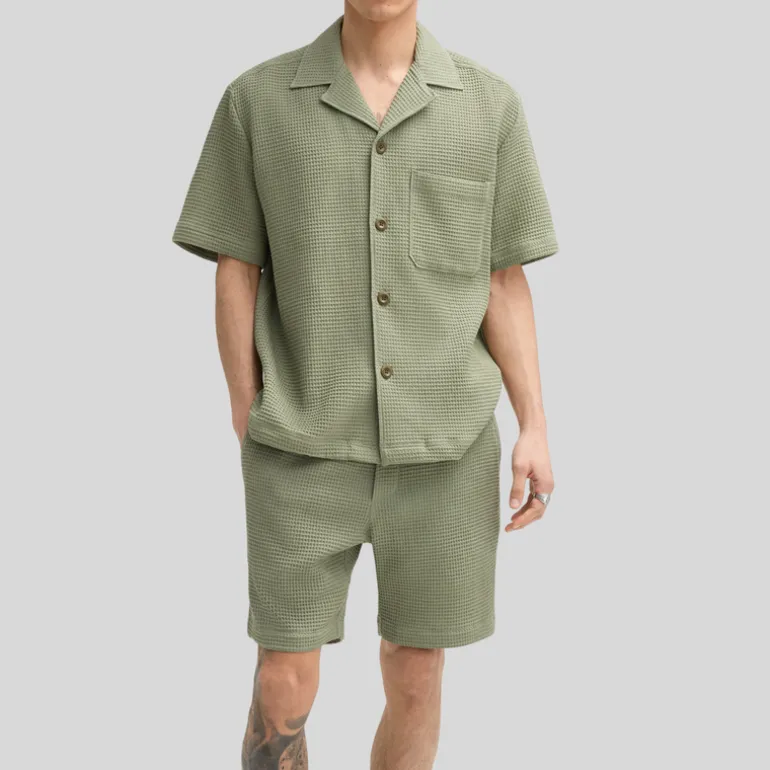 Waffle Pique Cuban Collar Shirt - Olive